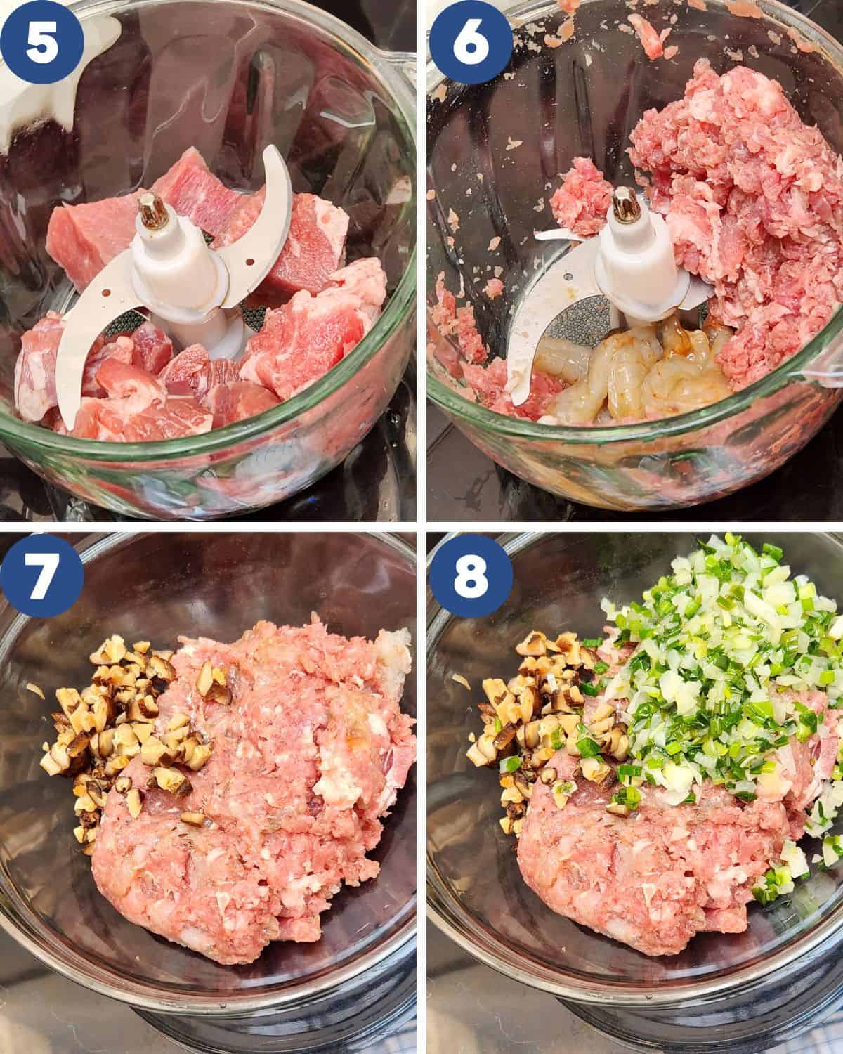 Process photos of preparing the meat filling for shao mai.