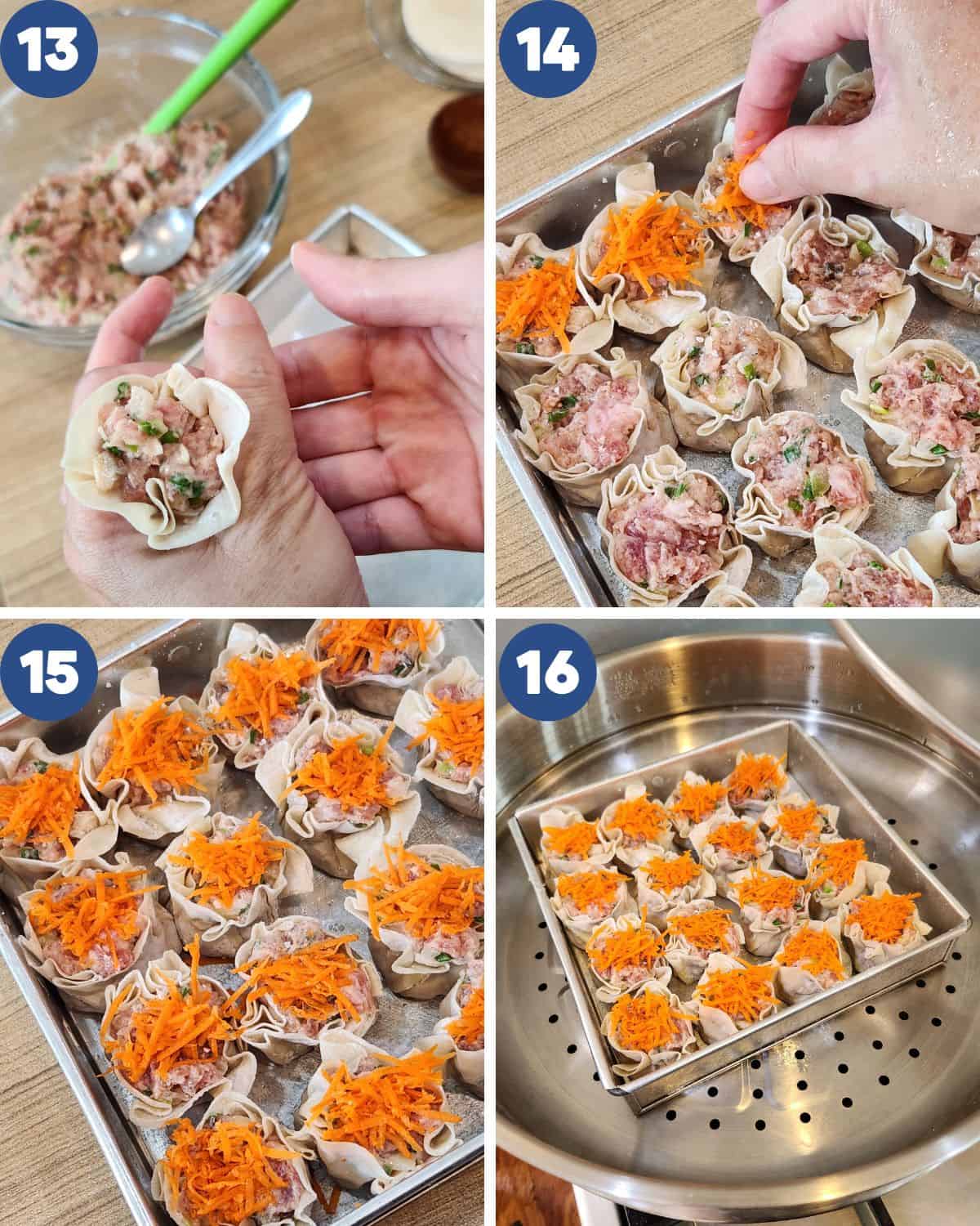 Process photos of wrapping the shao mai and steaming them in a steamer. 