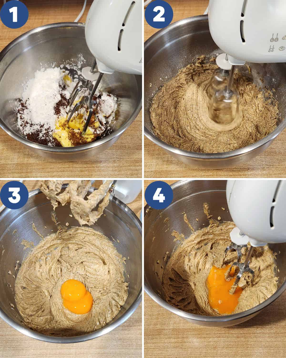 A photo collage of mixing the butter, sugar, and eggs.