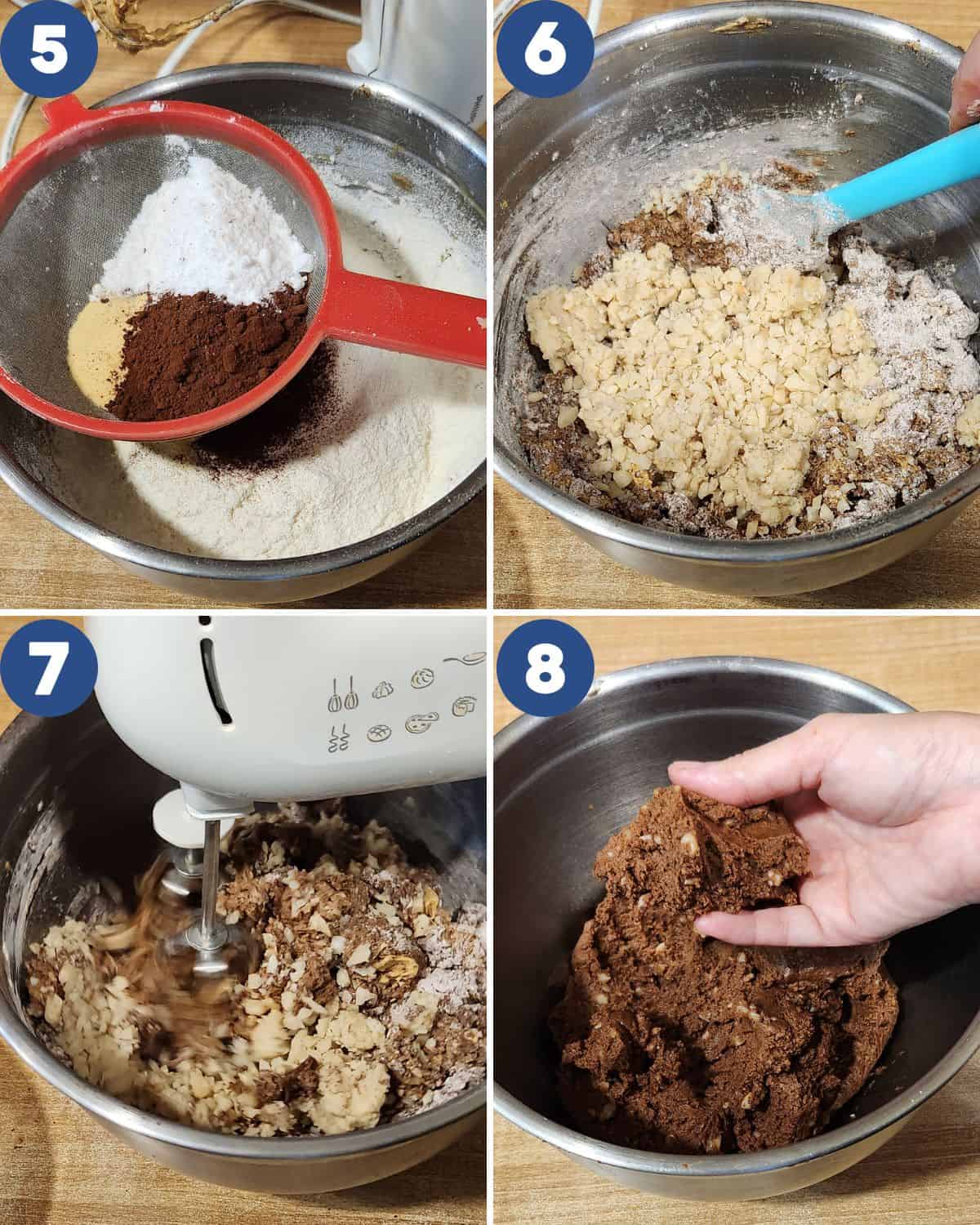 A photo collage of mixing other ingredients such as chopped nuts, cocoa powder, and flour into the  dough.