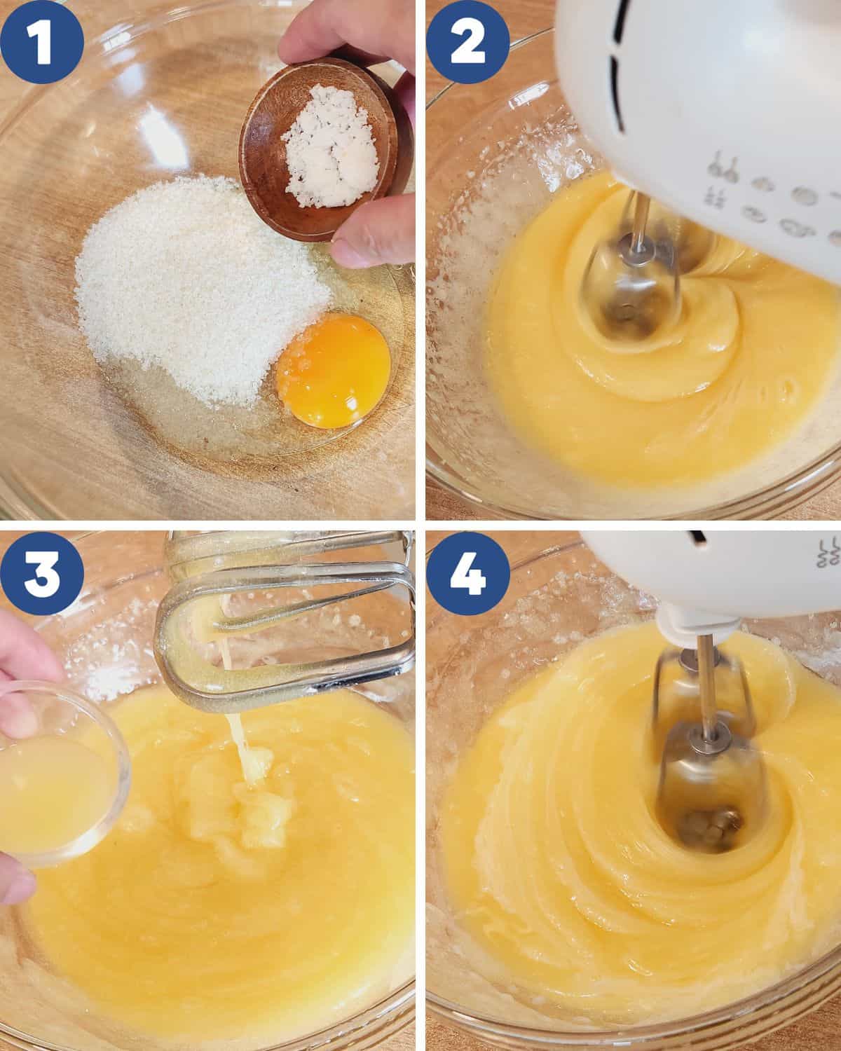 Collage photos of mixing the egg, sugar, and oil to make Taiwanese sweet mayonnaise.