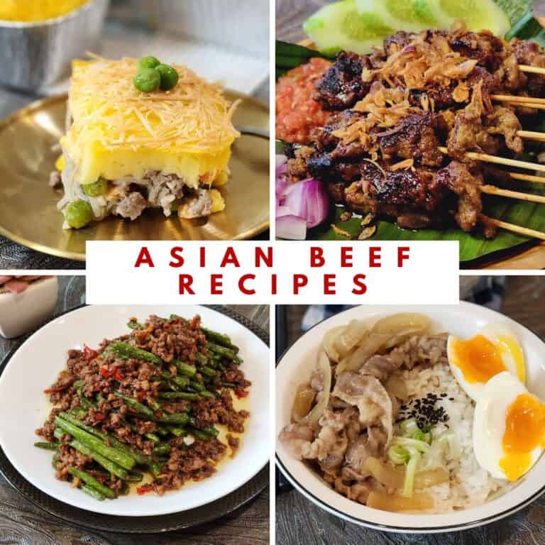 A collaged photo of Asian beef dishes.