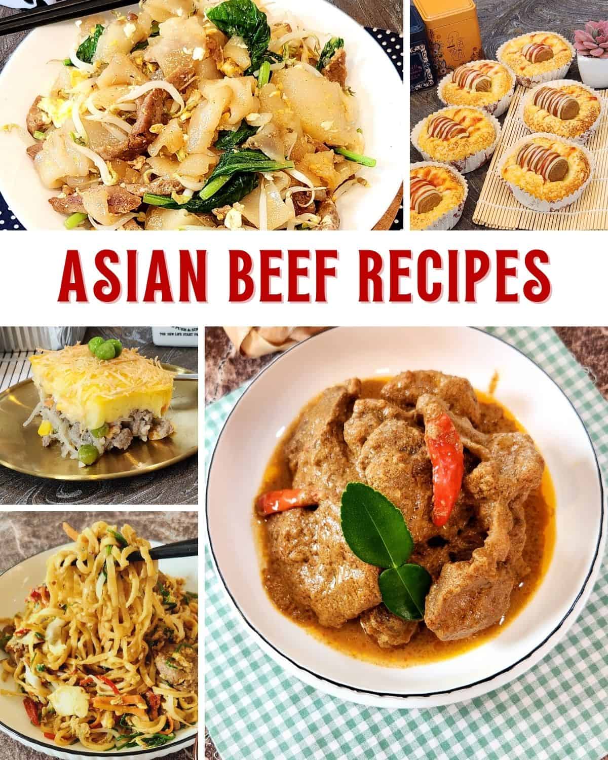 A collaged photo of Asian beef dishes.