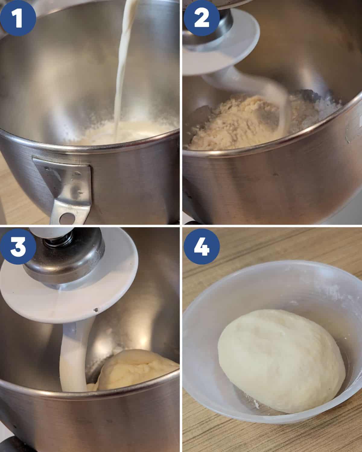 Step by step process photos of mixing the bao buns ingredients.