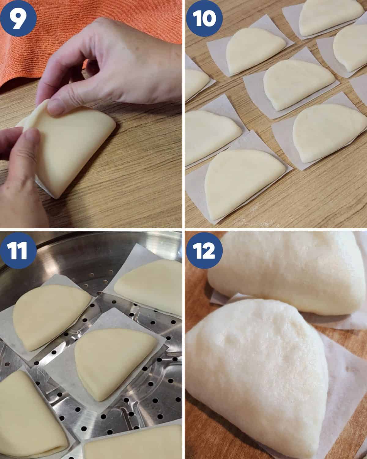 Step by step process photos of shaping and steaming the bao buns.