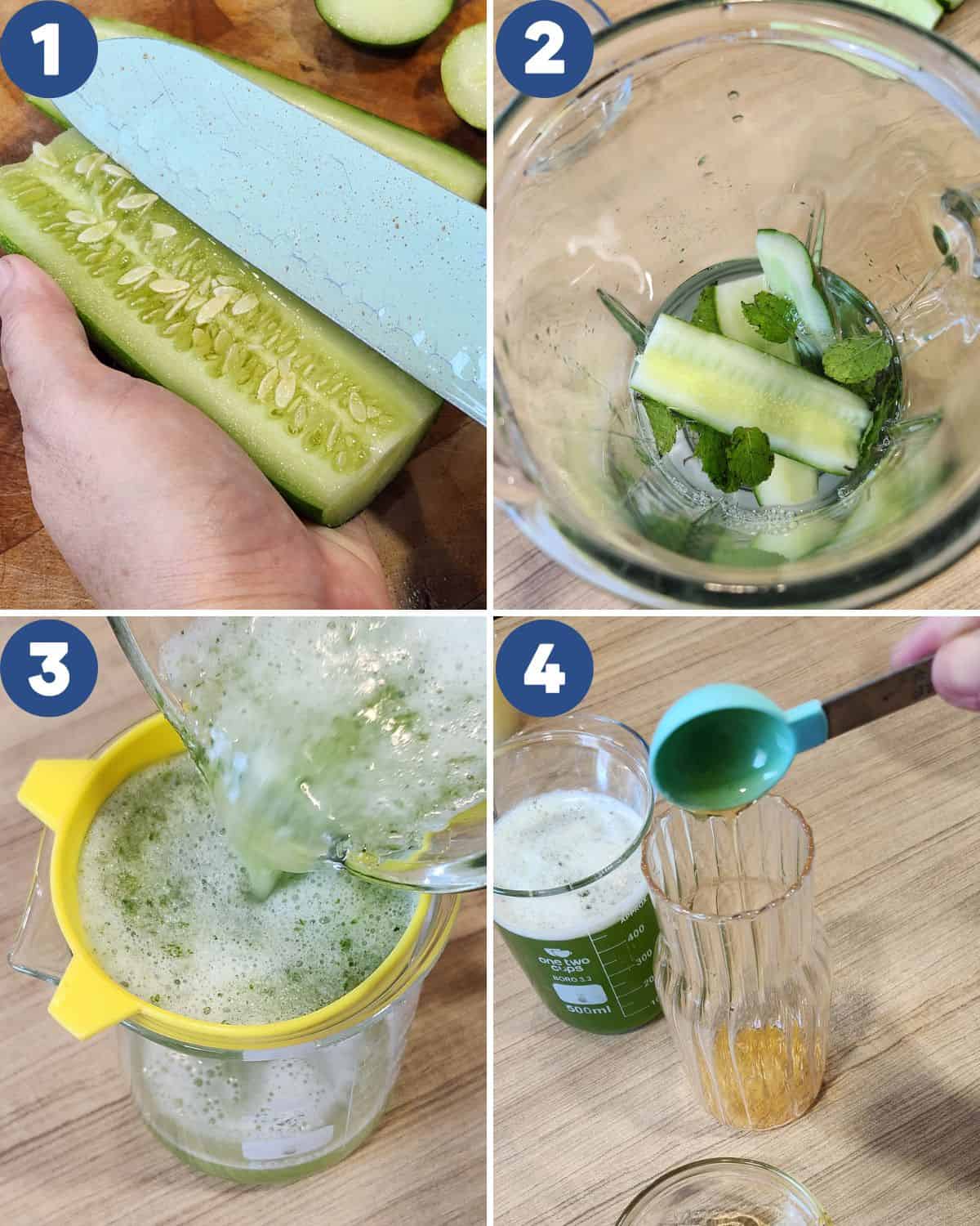 Step by step process photos of preparing the cucumber and process into juice.