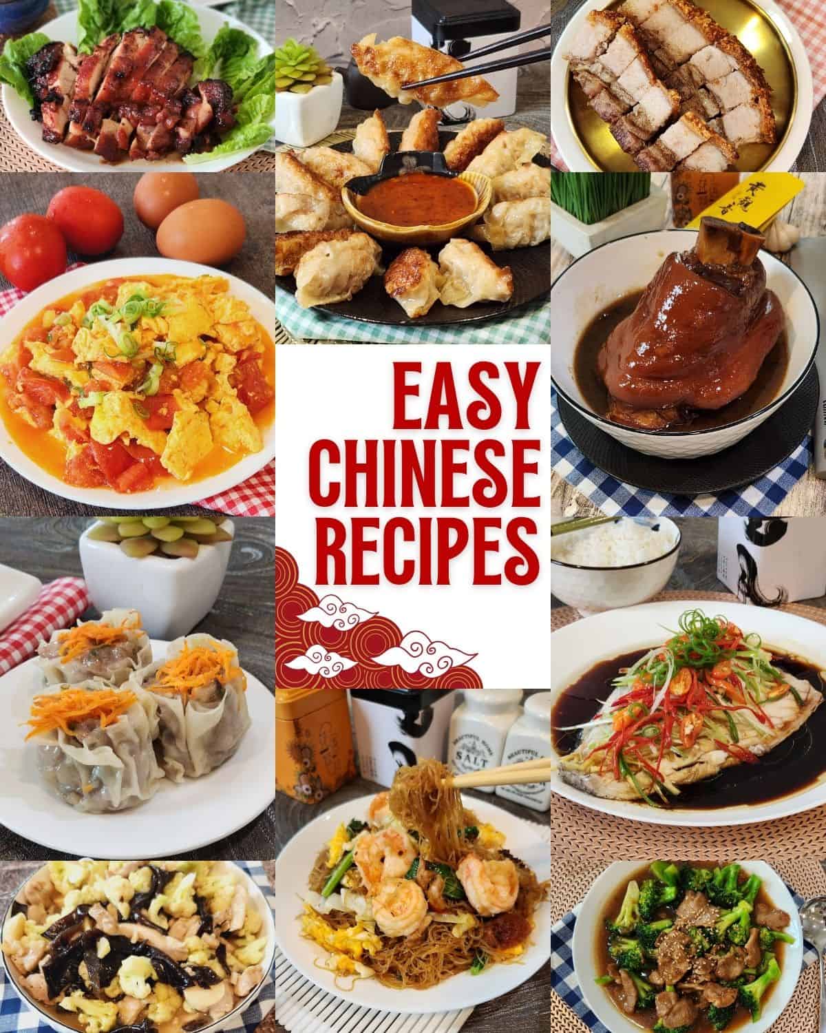 A photo collage of easy Chinese recipes dishes.