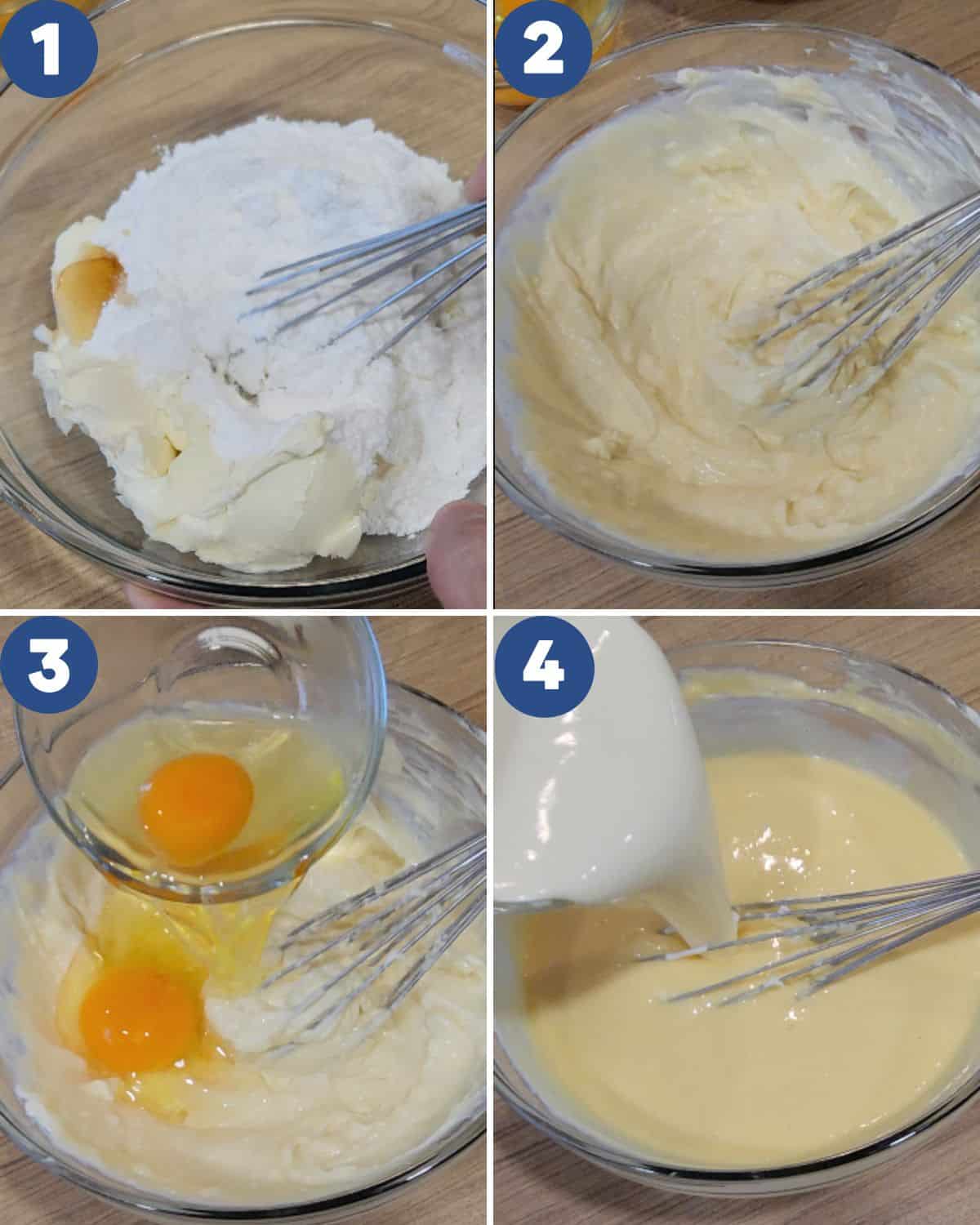 Step by step process photos of mixing the cheesecake layer.