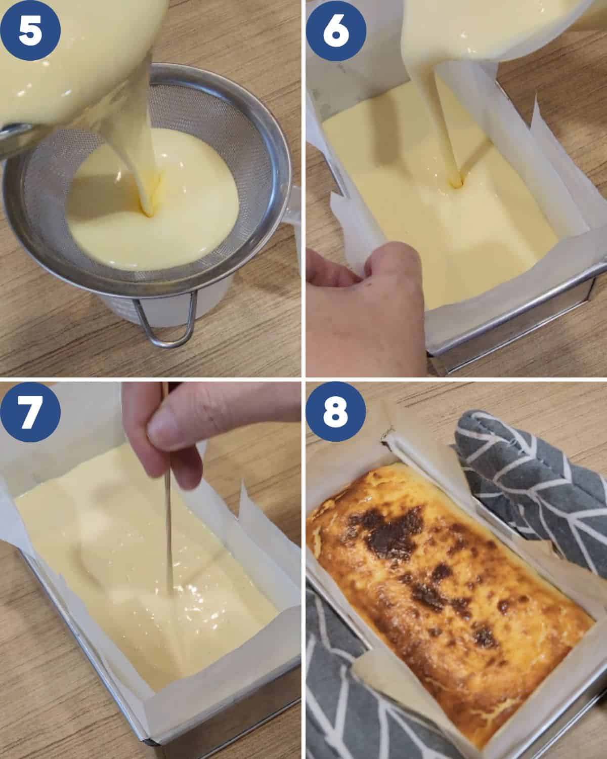 Step by step process photos of baking the cheesecake layer.