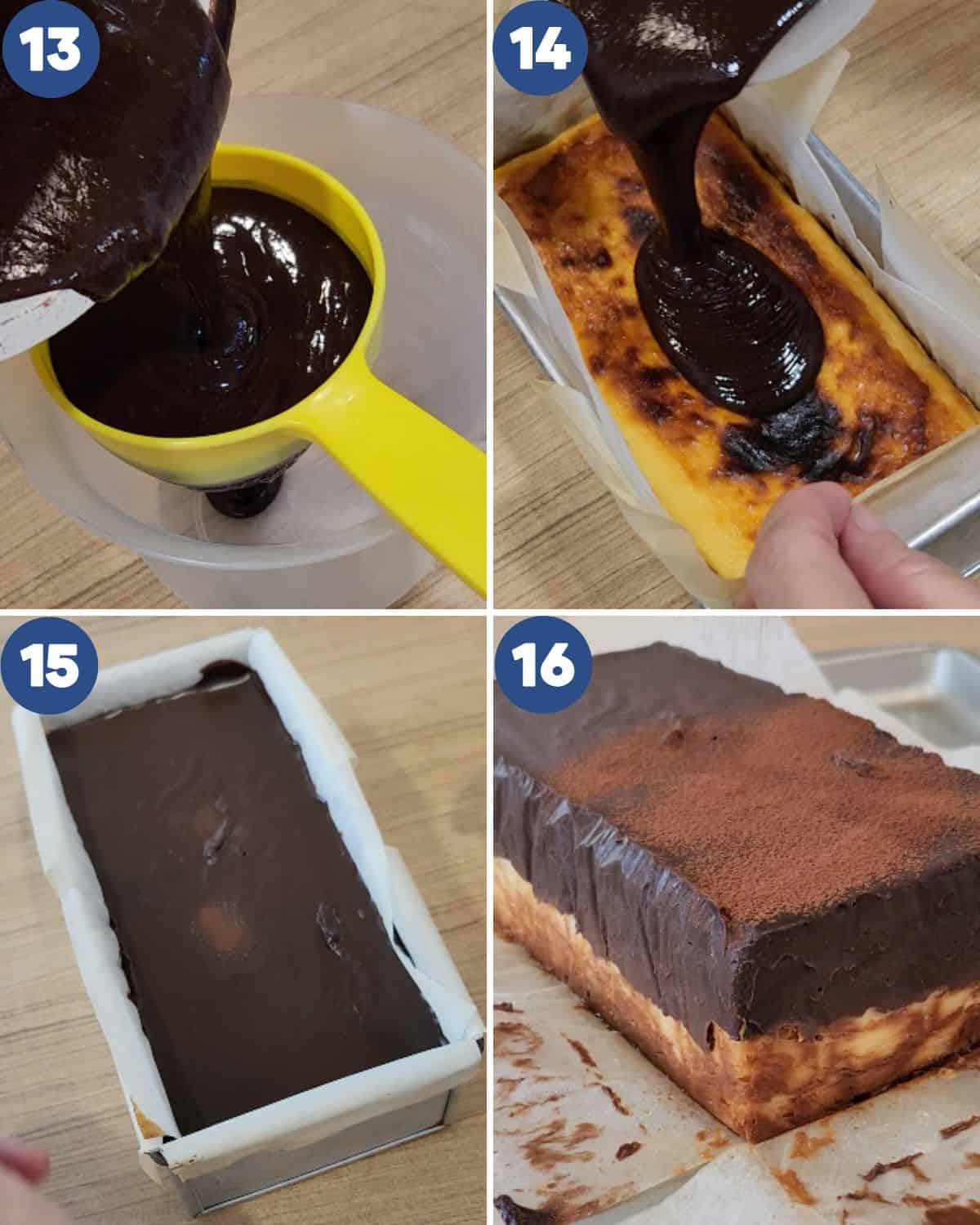 Step by step process photos of layering the iceberg cheesecake.