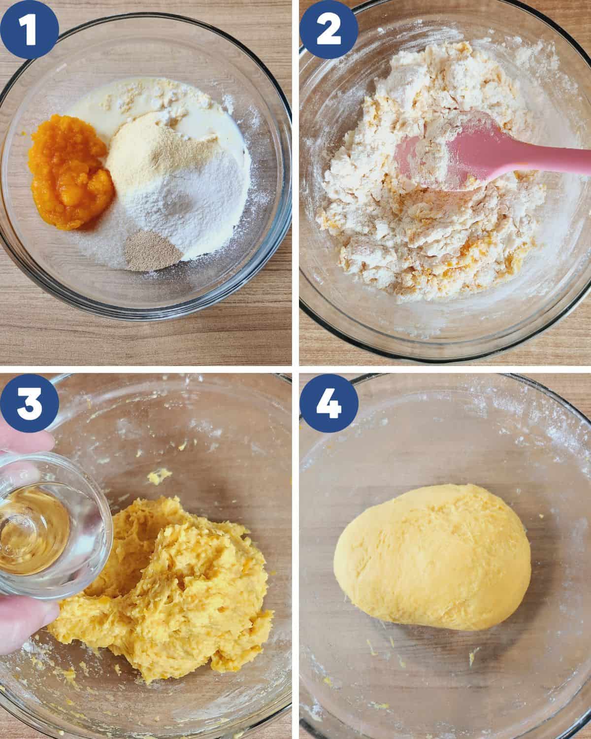 Photo collage of mixing the ingredients into pumpkin mantou dough.