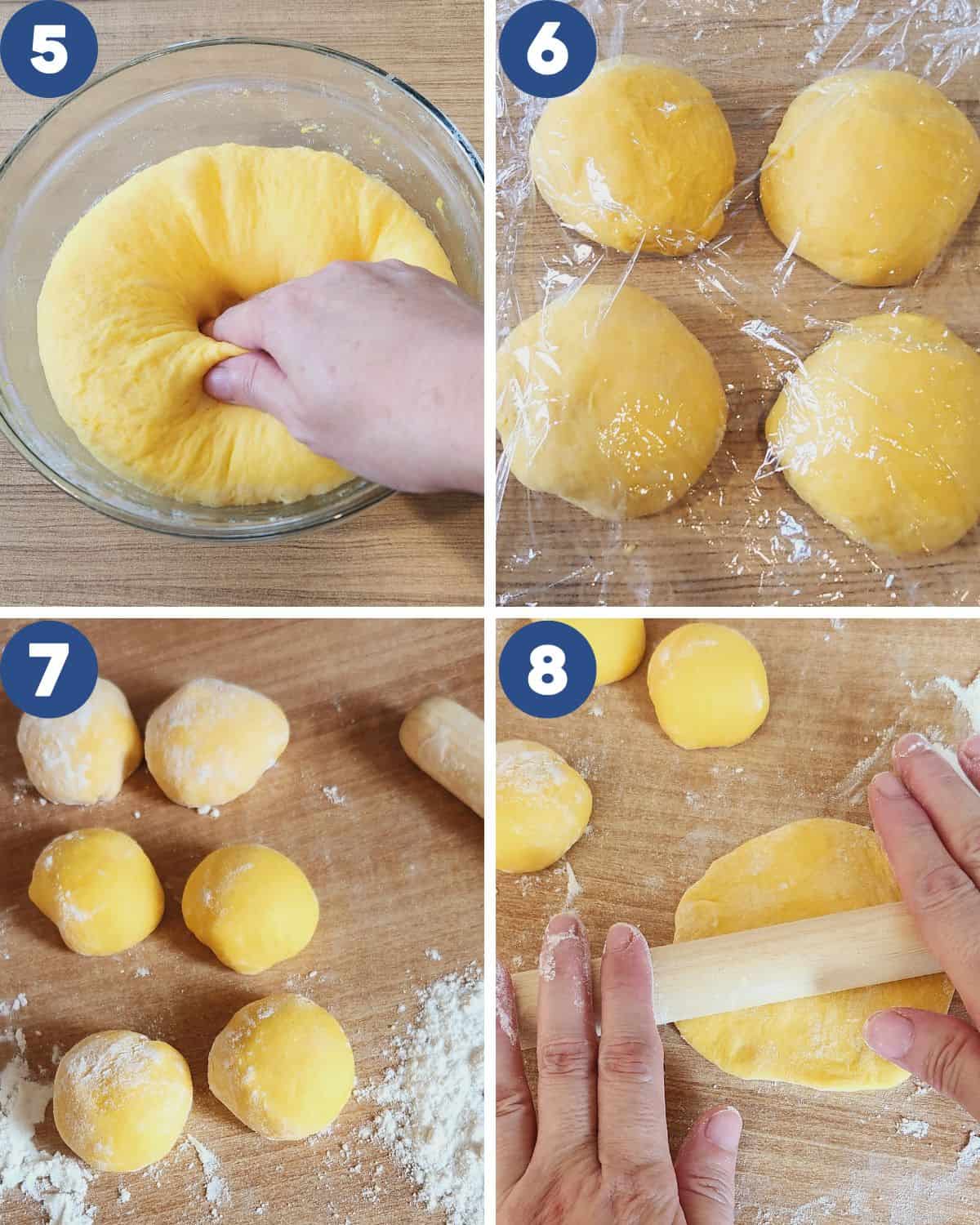 Photo collage of shaping the pumpkin mantou dough.