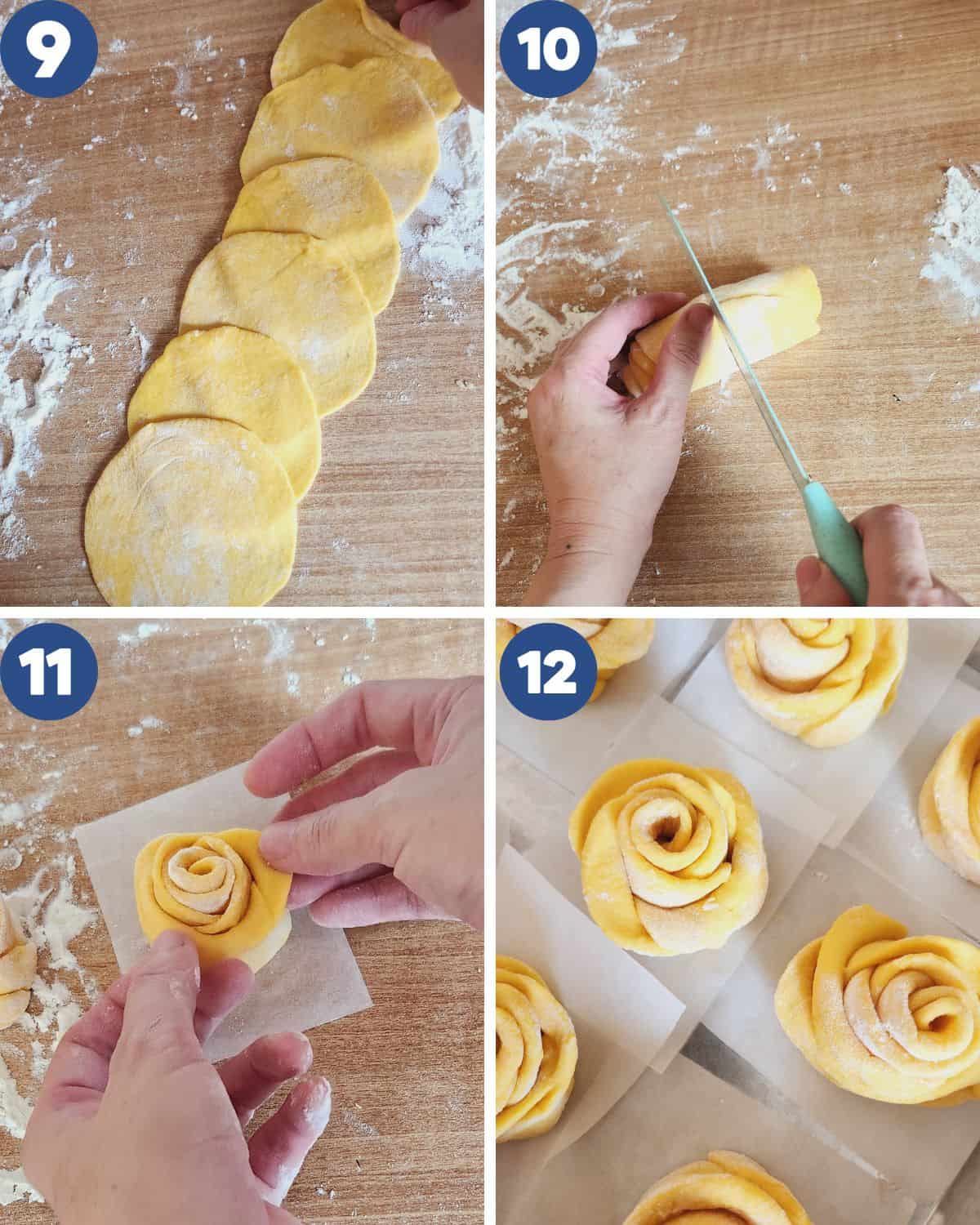 Photo collage of shaping rose pumpkin mantou.
