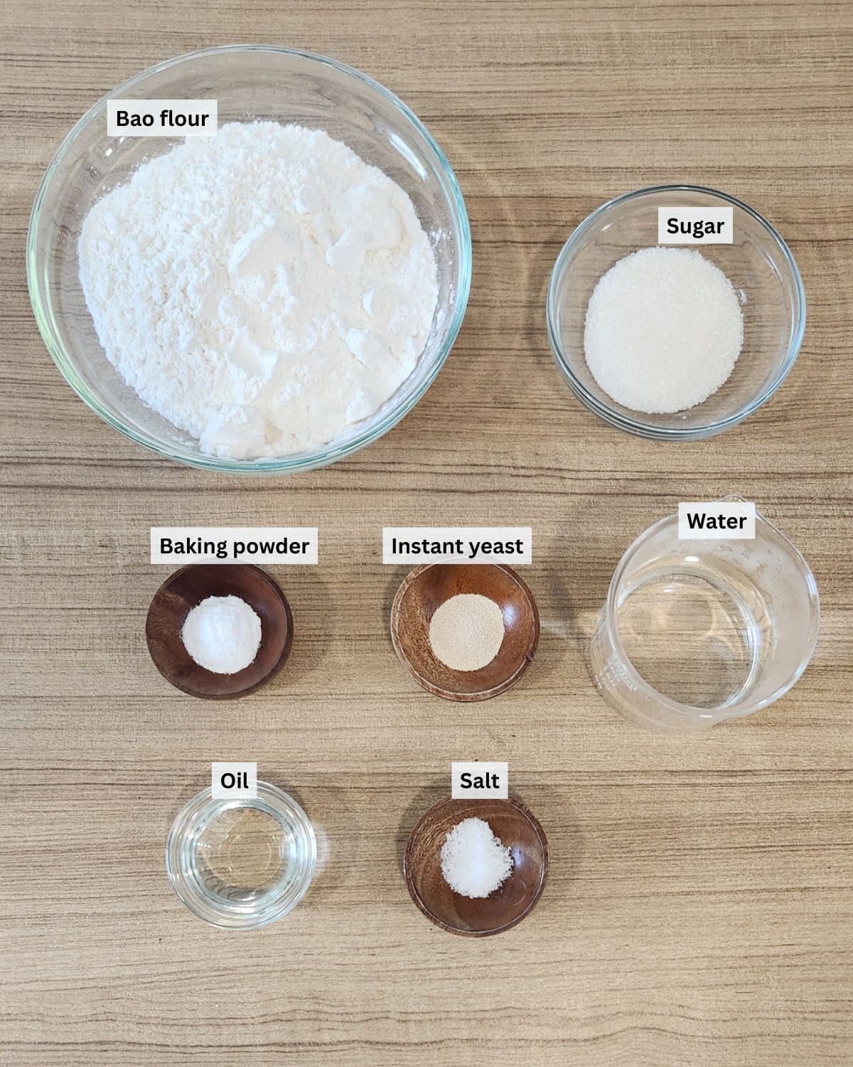 A photo of steamed bao buns ingredients with labels.