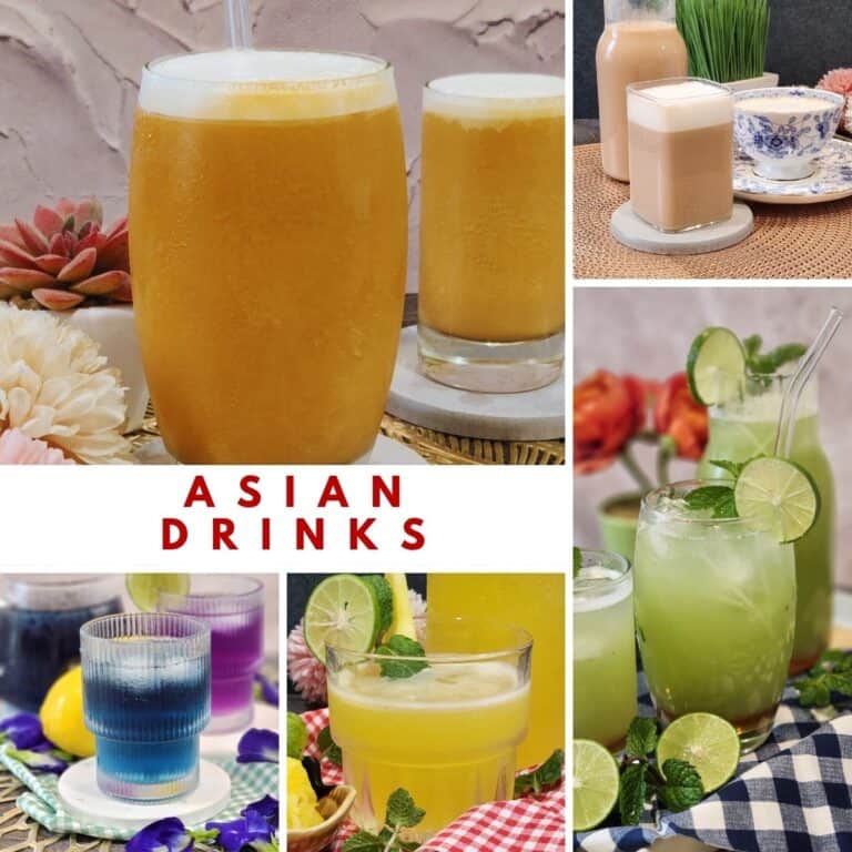 A collage photos of Asian drinks.