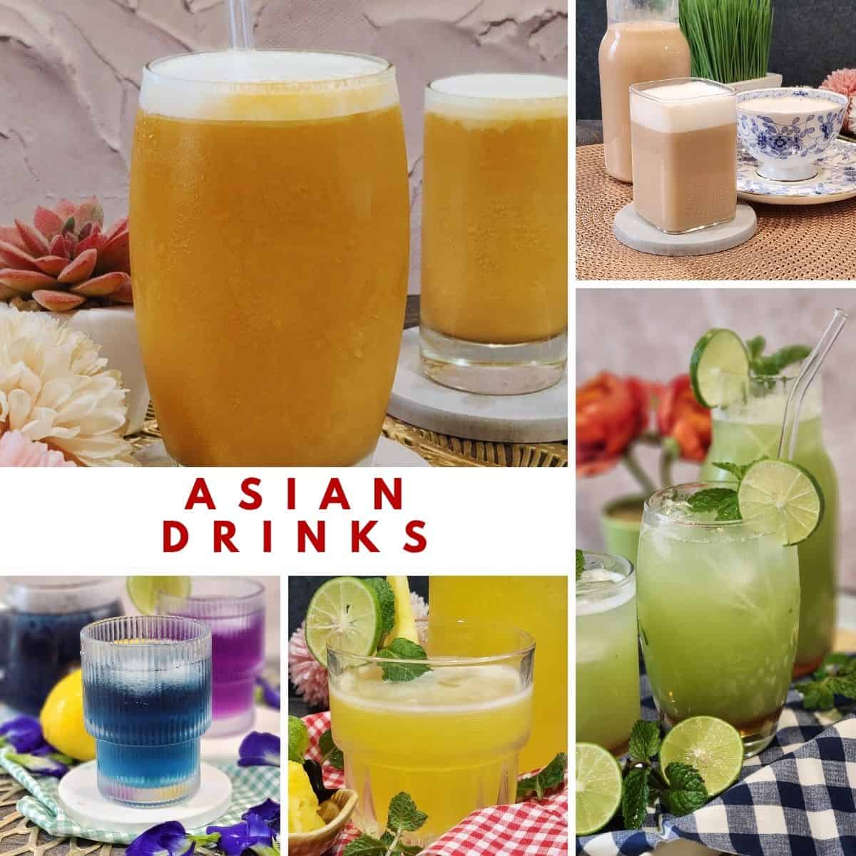 A collage photos of Asian drinks.