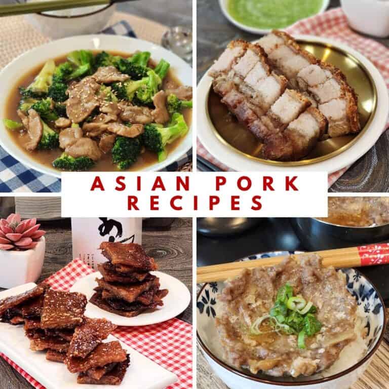 A collage of Asian pork recipes photos.