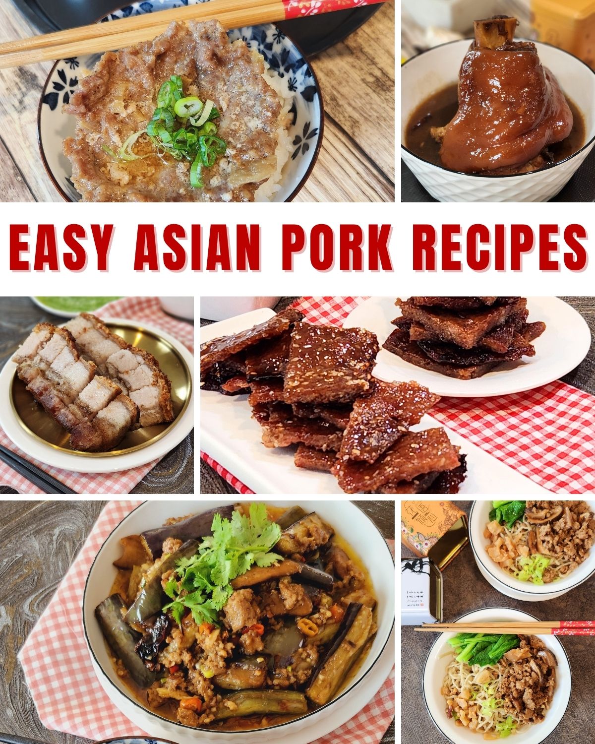 A photo collage of Asian pork dishes. 