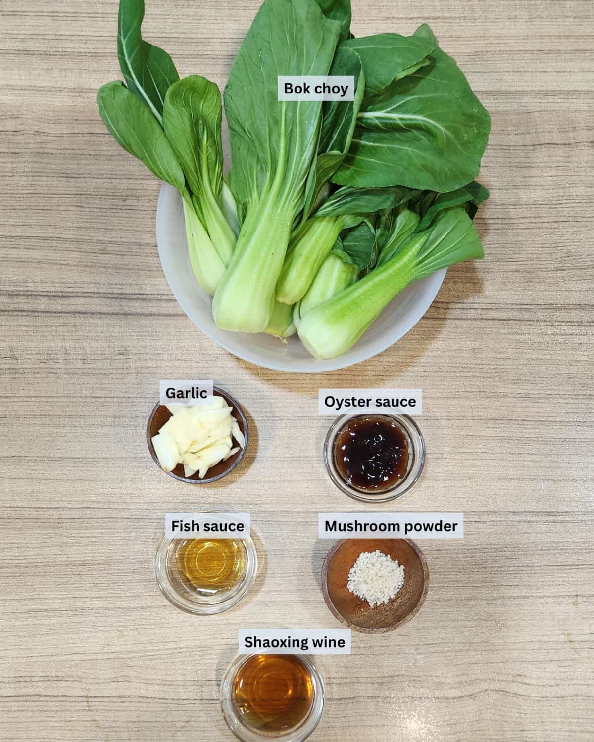 A photo of bok choy stir fry ingredients with labels.