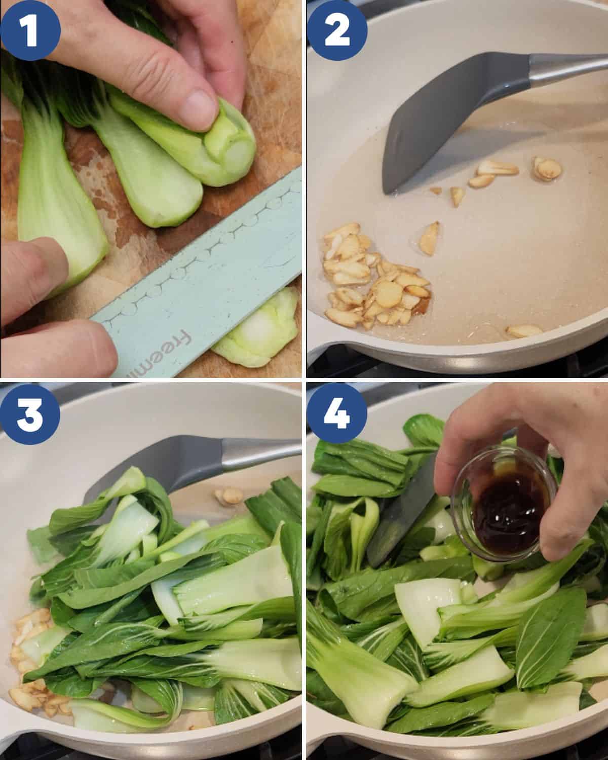 Step by step process photos of preparing the bok choy and stir frying it. 