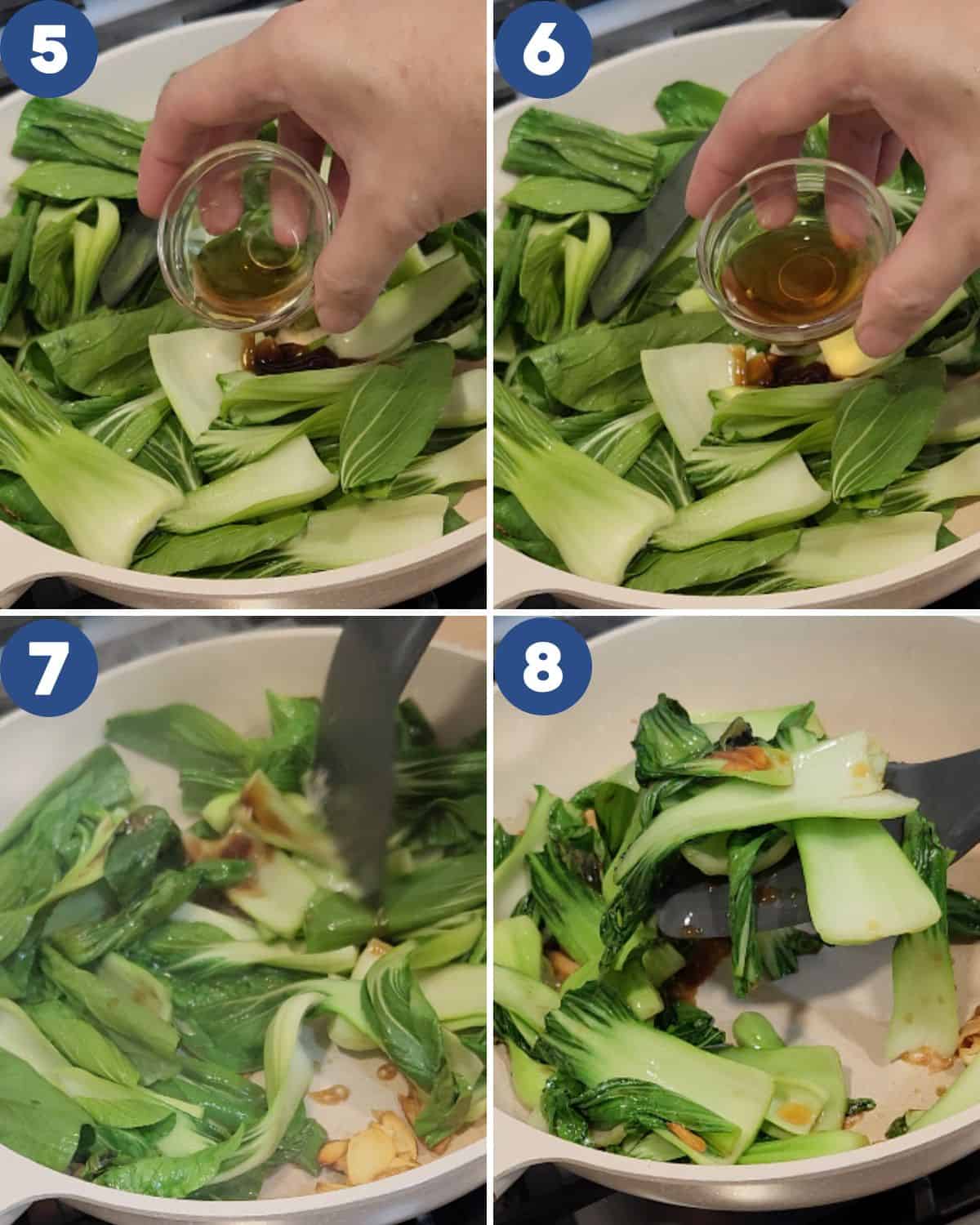 Step by step process photos of stir frying the bok choy. 