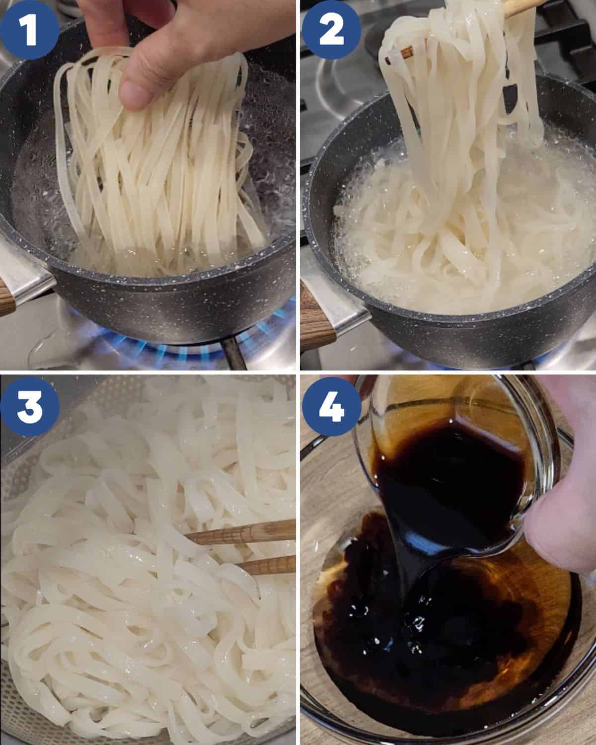 Step by step process photos of preparing the rice noodles and chicken pad thai sauce before cooking.