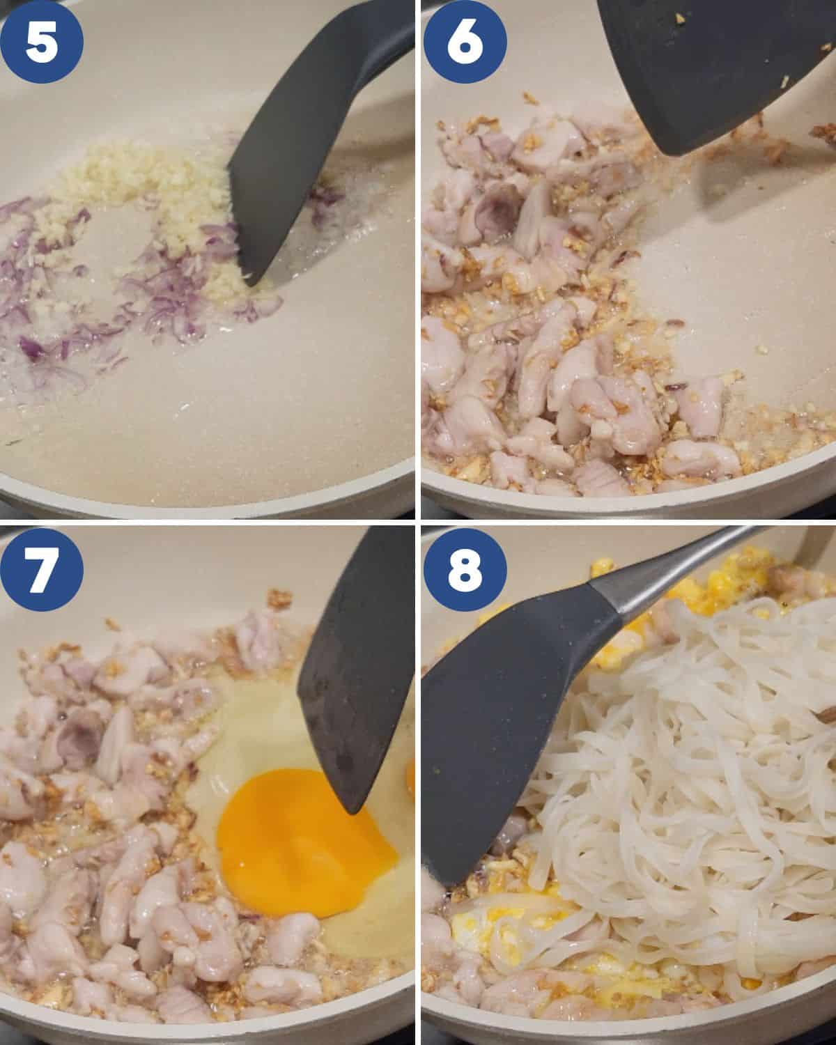 Step by step process photos of stir frying in the wok.