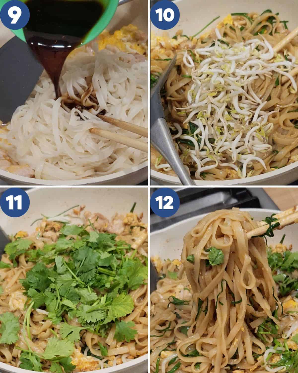 Step by step process photos of stir frying the chicken pad thai until finished. 