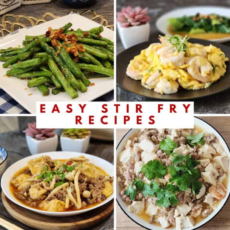 A collaged photos of easy stir fry recipes.