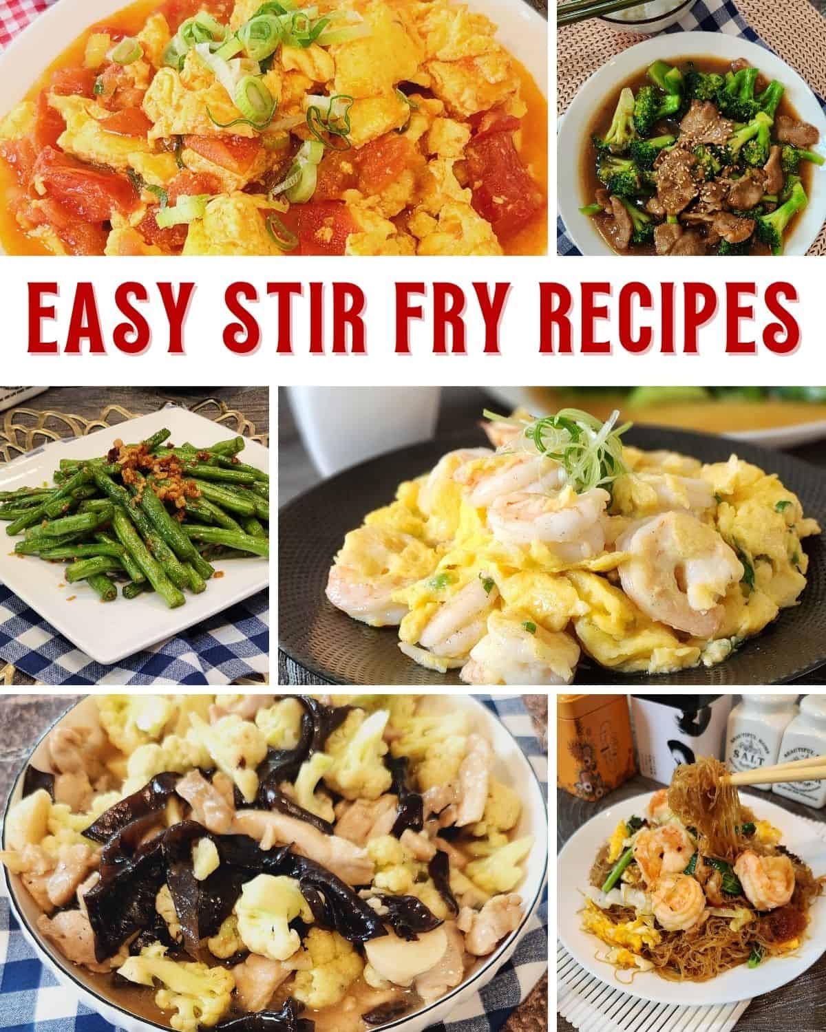 A collaged photos of easy stir fry recipes.