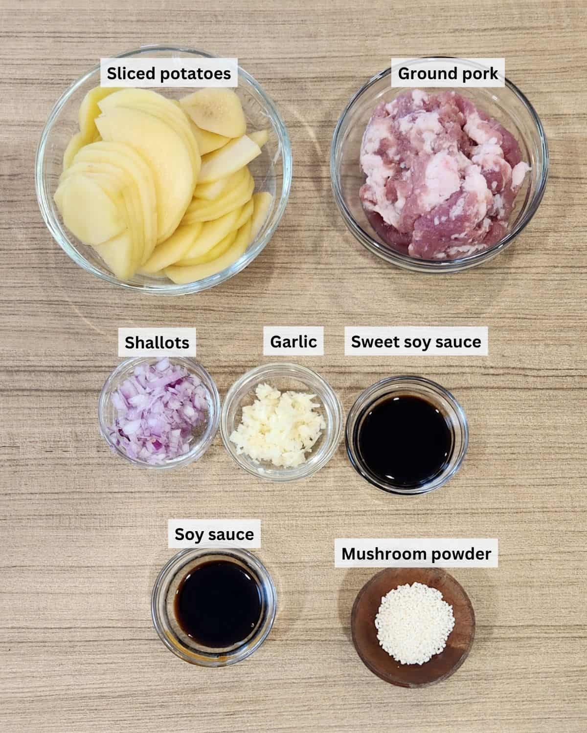Ground Pork Stir Fry with potatoes ingredients with labels.