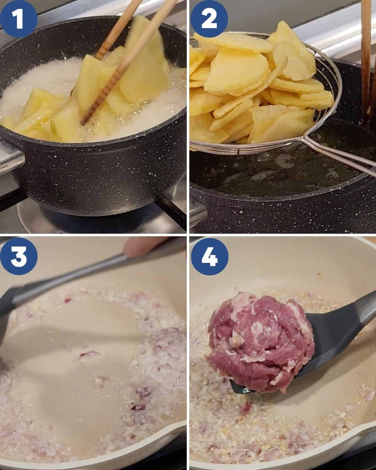 Step by step process photos of preparing the potatoes and aromatics.