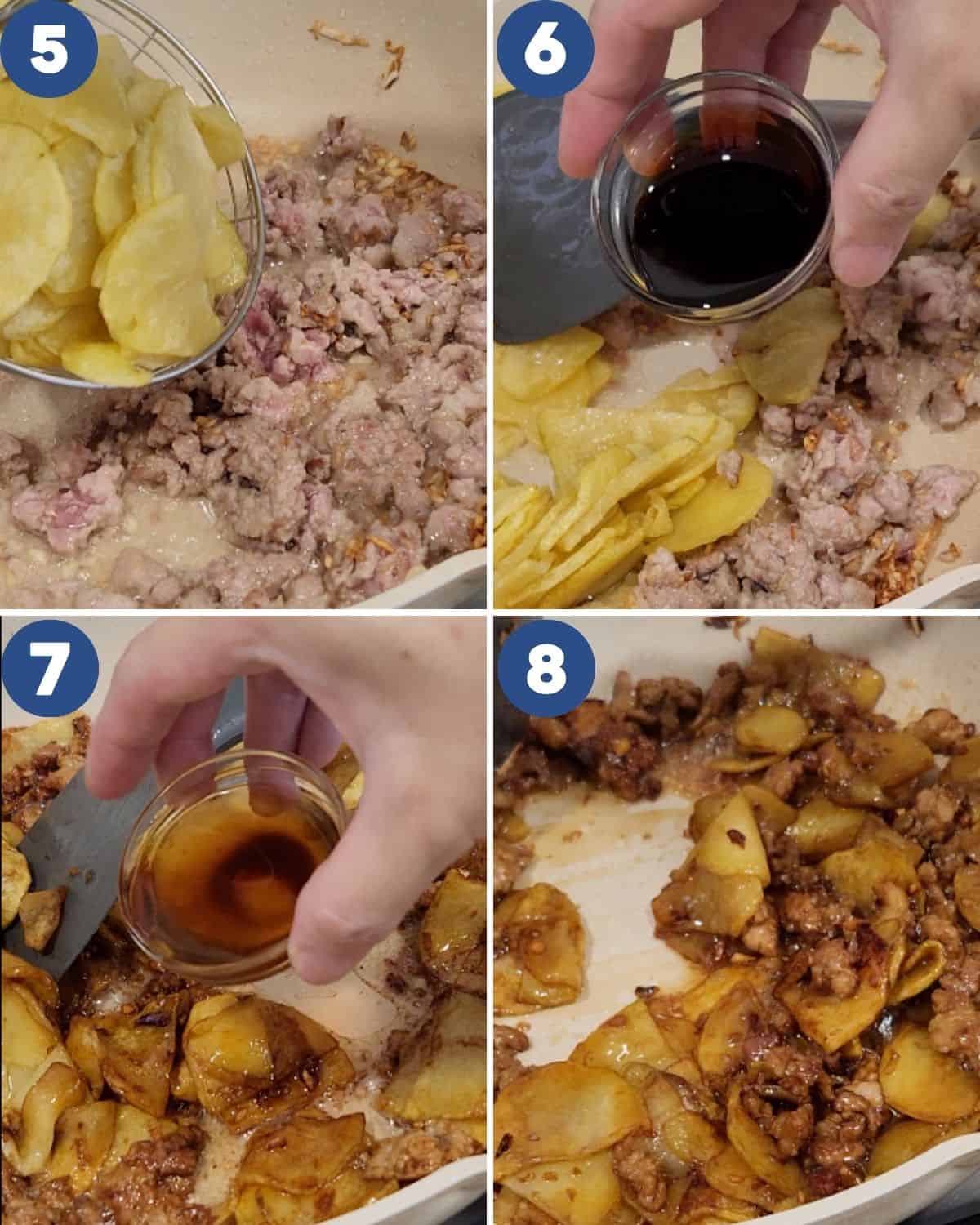 Step by step process photos of cooking the ground pork stir fry.