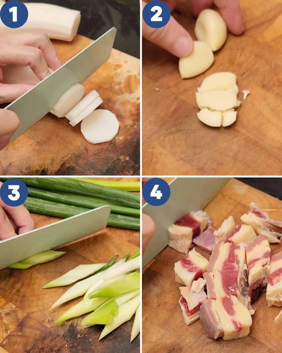Step by step process photos of preparing the ingredients for Korean beef soup.