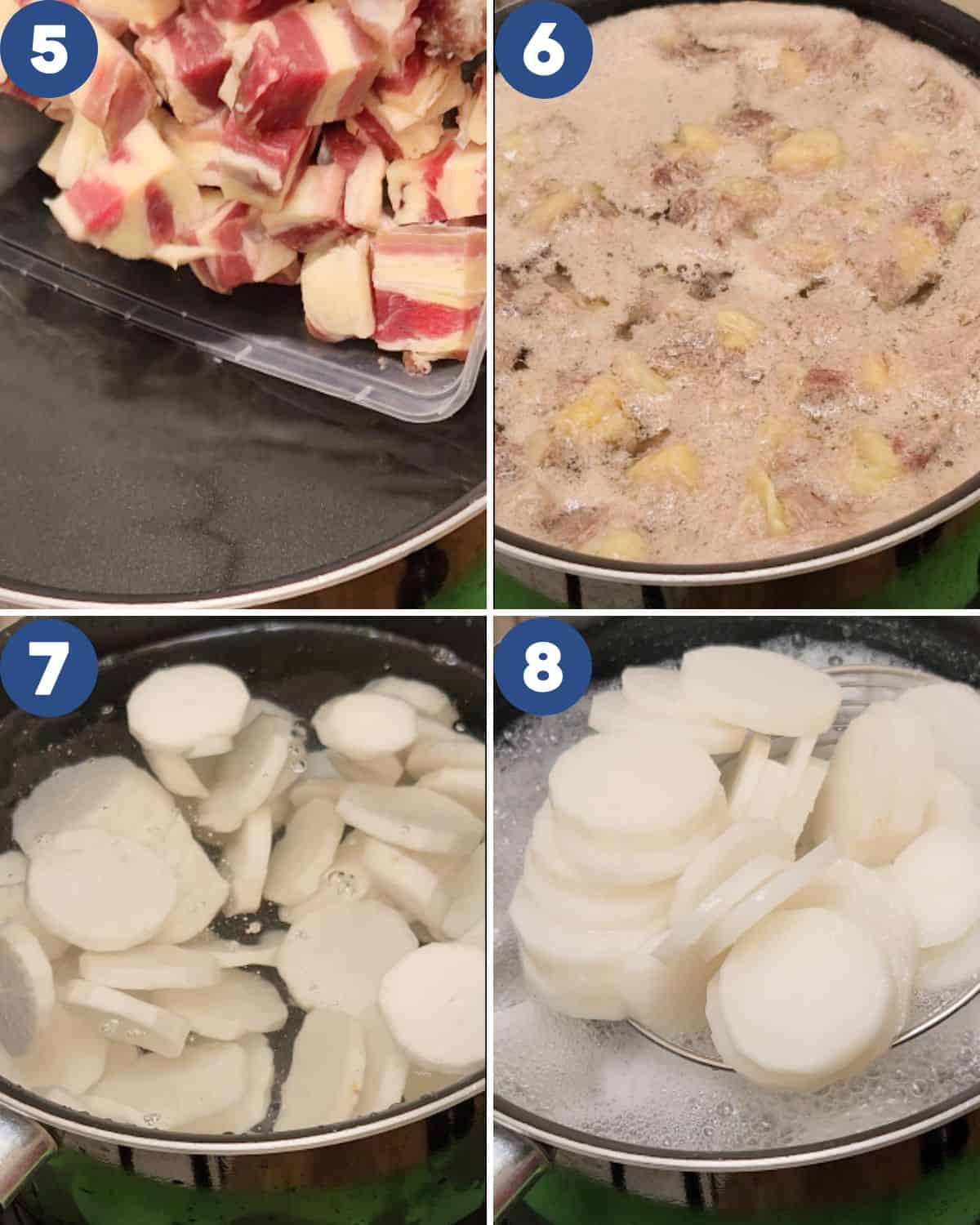 Step by step process photos of preparing the beef brisket and radish.