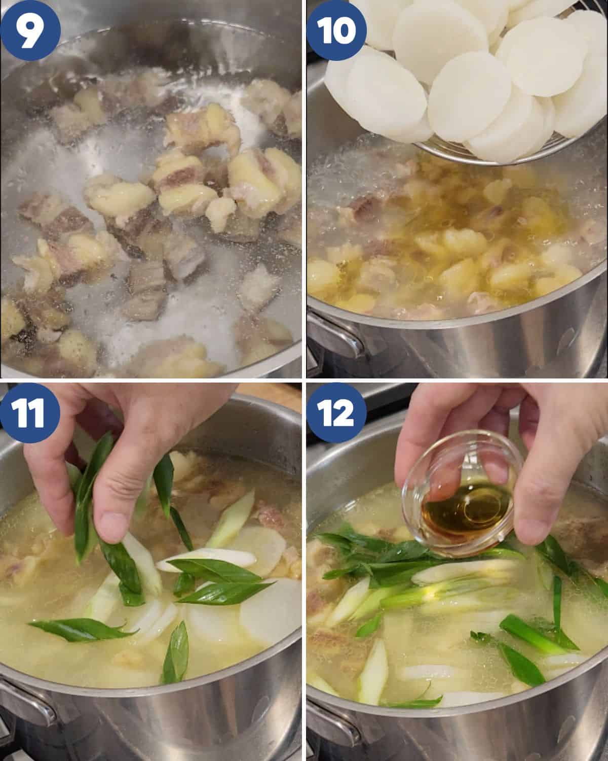 Step by step process photos of cooking the beef and radish. 