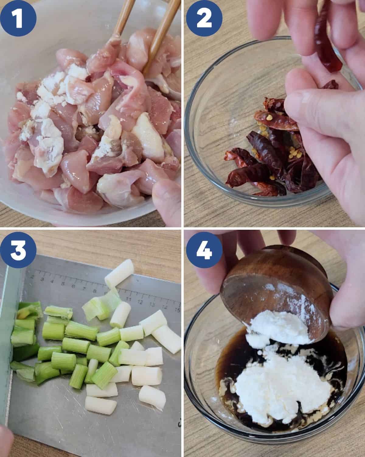 Step by step process photos of preparing the chicken and other ingredients.