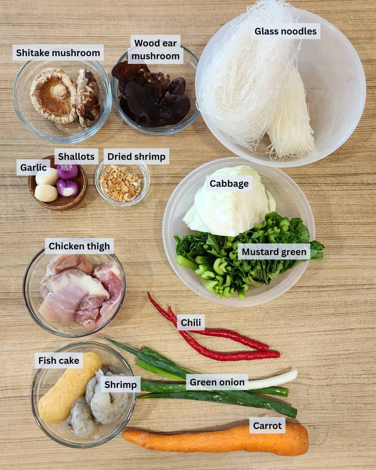 Stir Fried Glass Noodles ingredients with labels.
