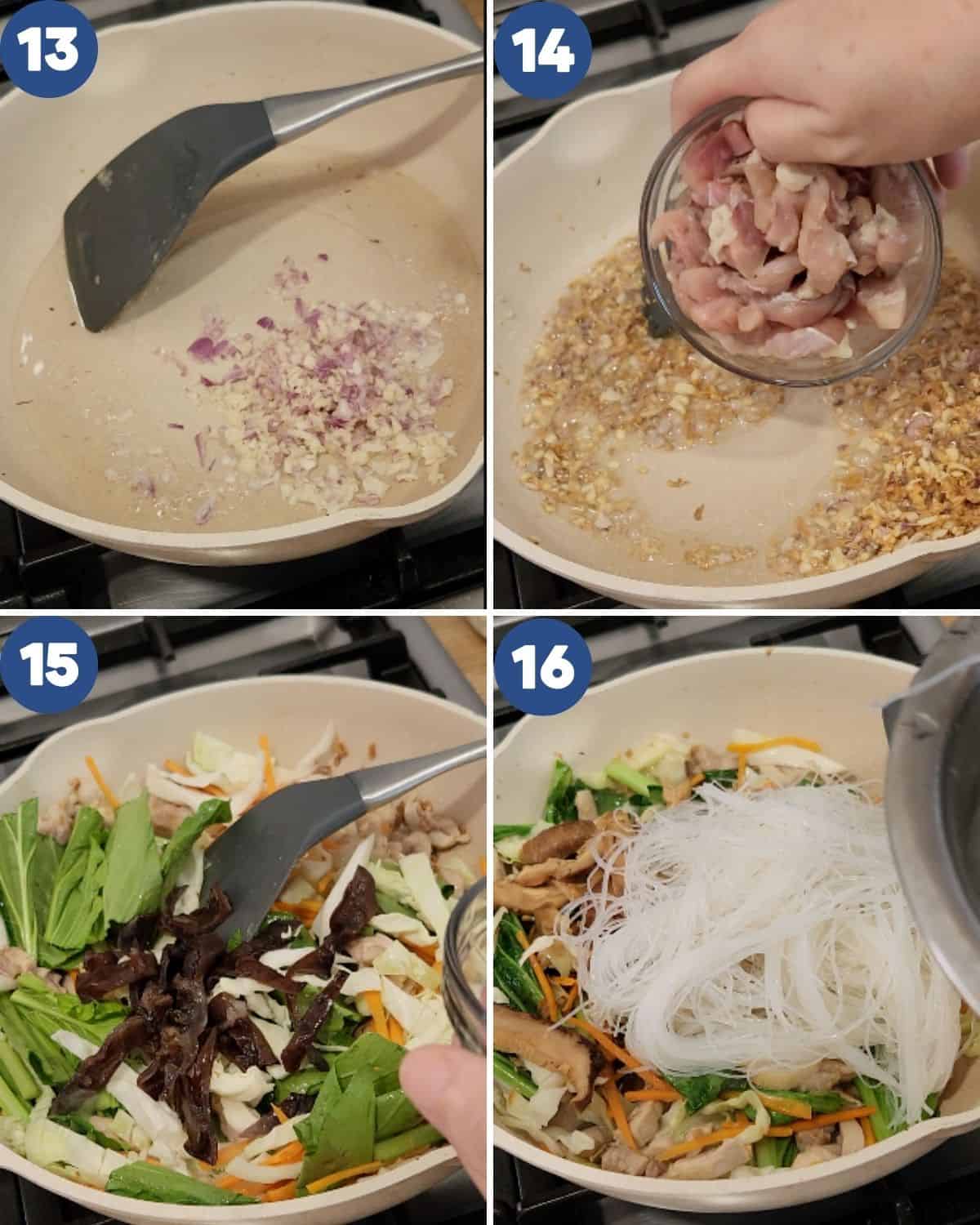 Step by step process photos of stir frying the glass noodles.