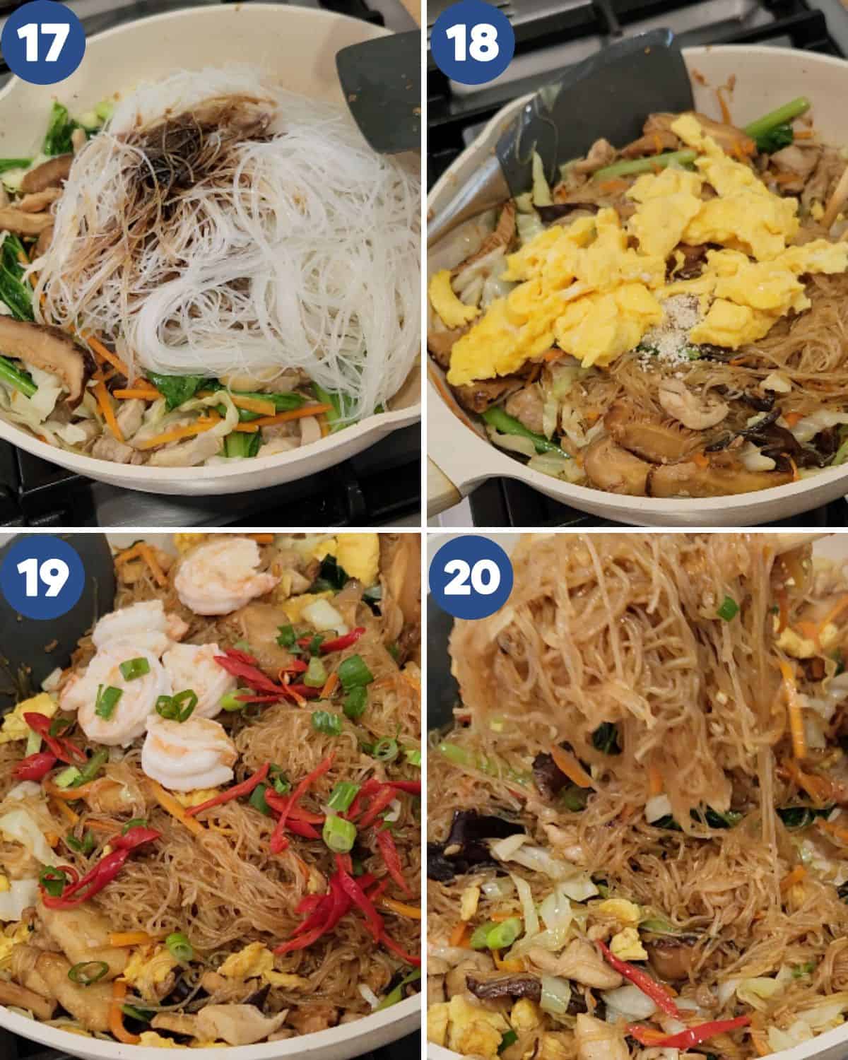 Step by step process photos of cooking the stir fried glass noodles with chicken and shrimp.