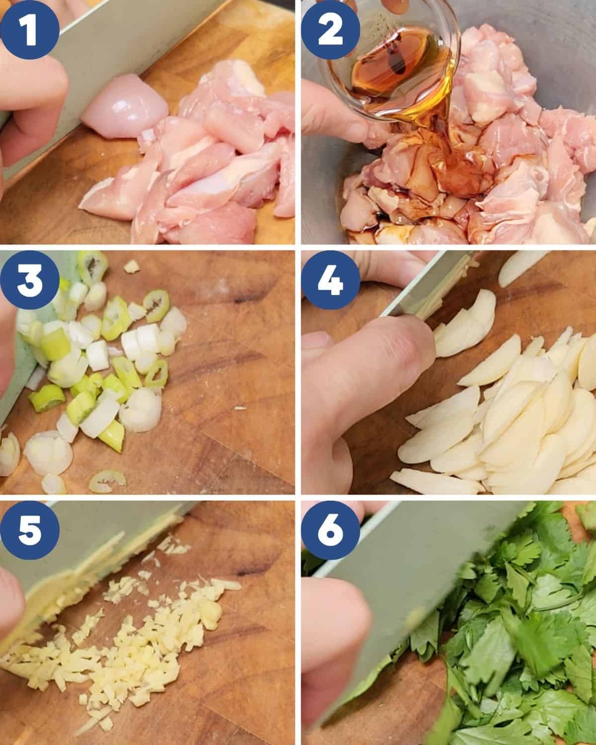Step by step process photos of preparing the ingredients for Szechuan chicken.
