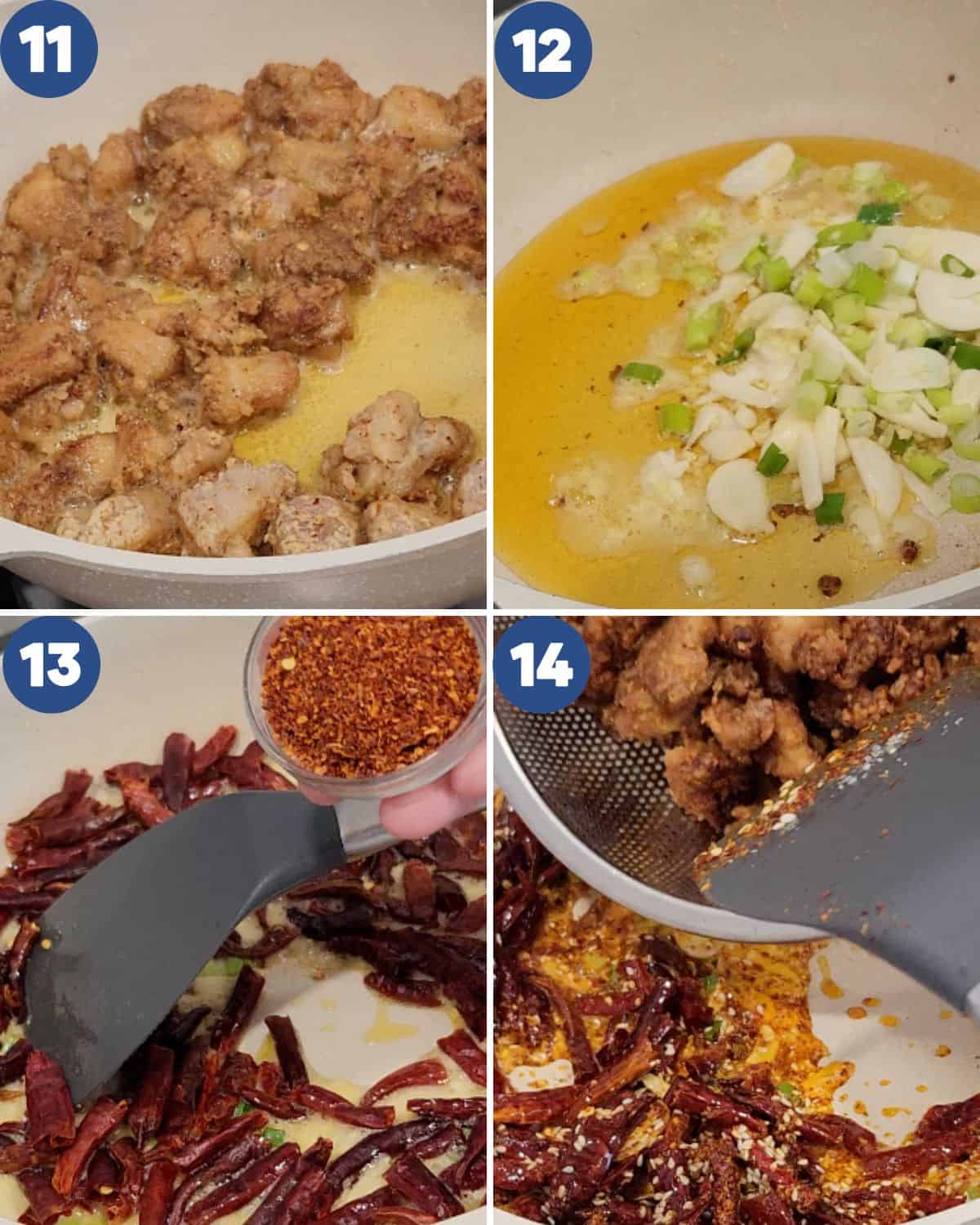 Step by step process photos of cooking the Szechuan chicken.