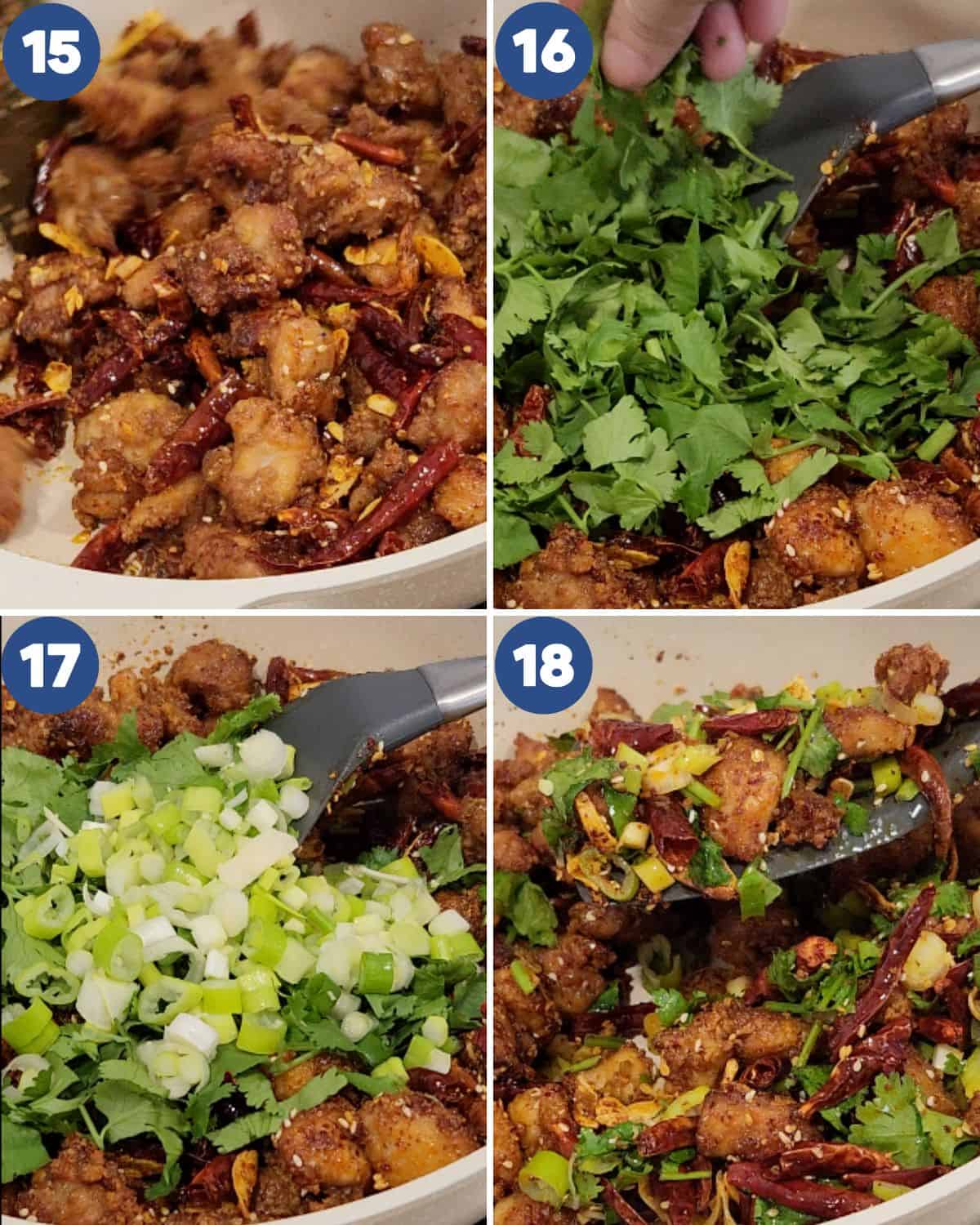 Step by step process photos of stir frying the Szechuan chicken.