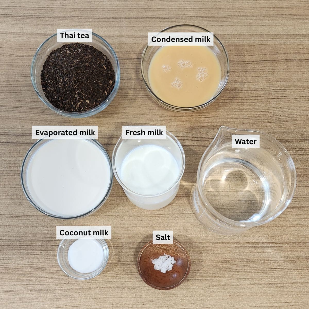 Thai Tea Recipe ingredients with labels.