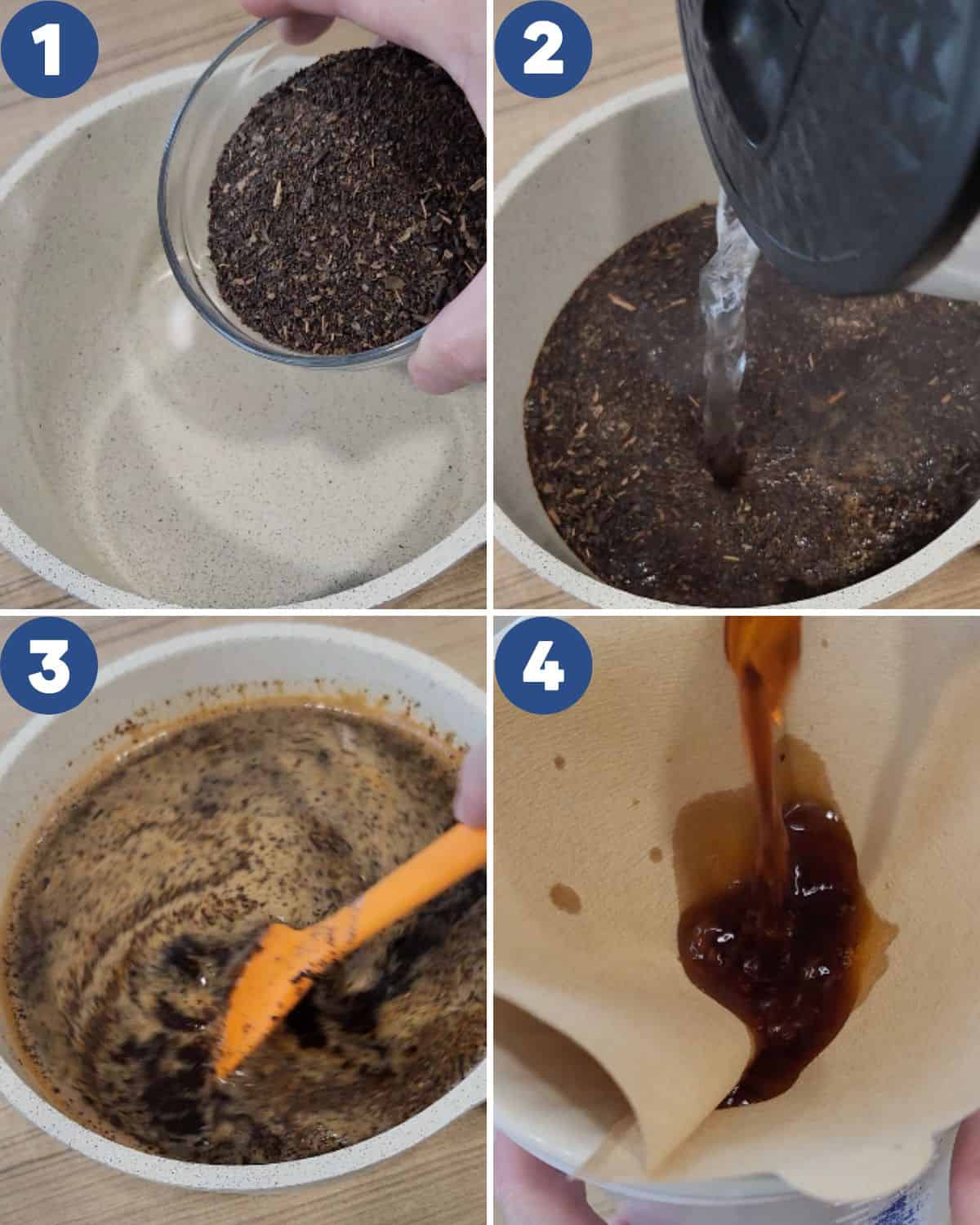 Step by step process photos of brewing Thai tea.