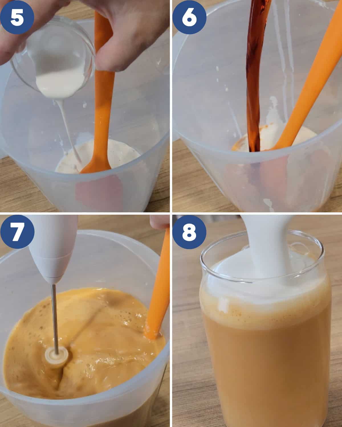 Step by step process photos of mixing the tea with milk.