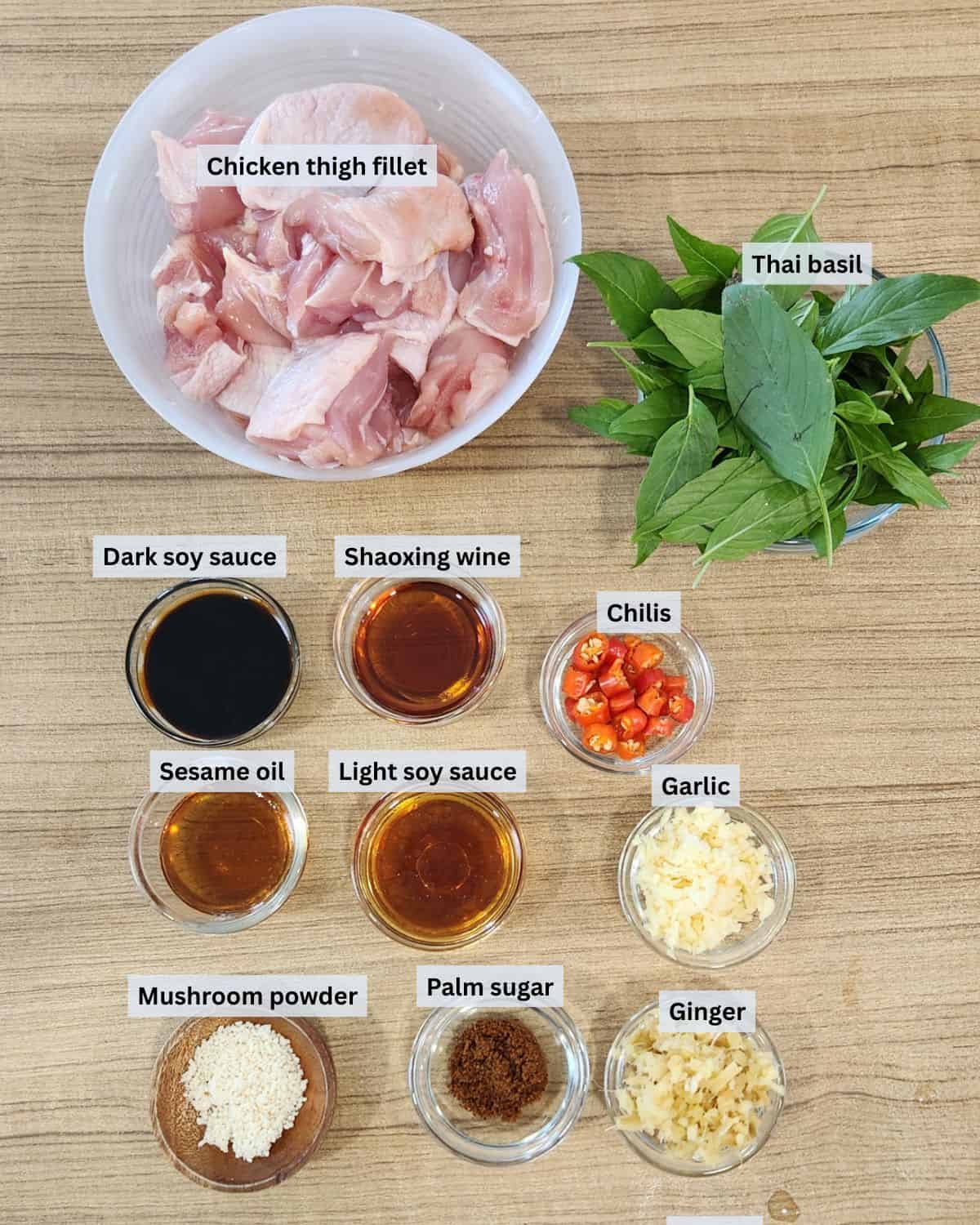 Three cup chicken ingredients with labels.