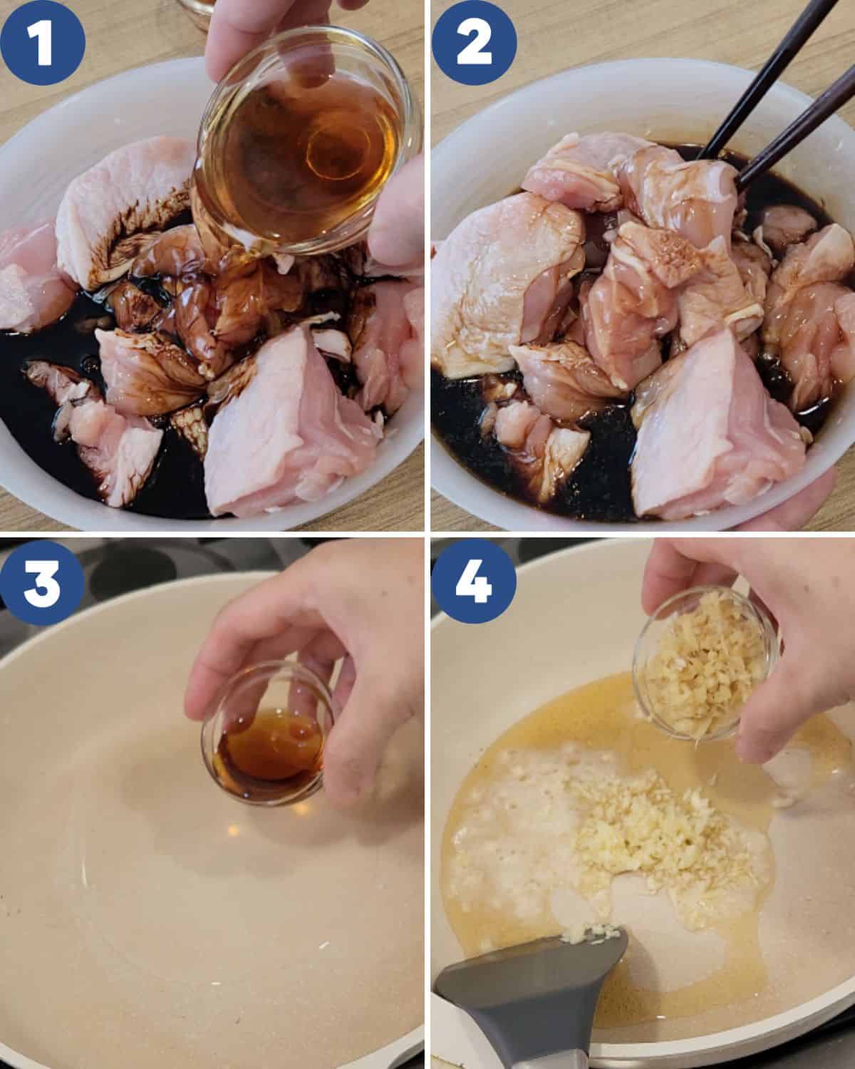 Step by step process photos of preparing the chicken for Three Cup Chicken.