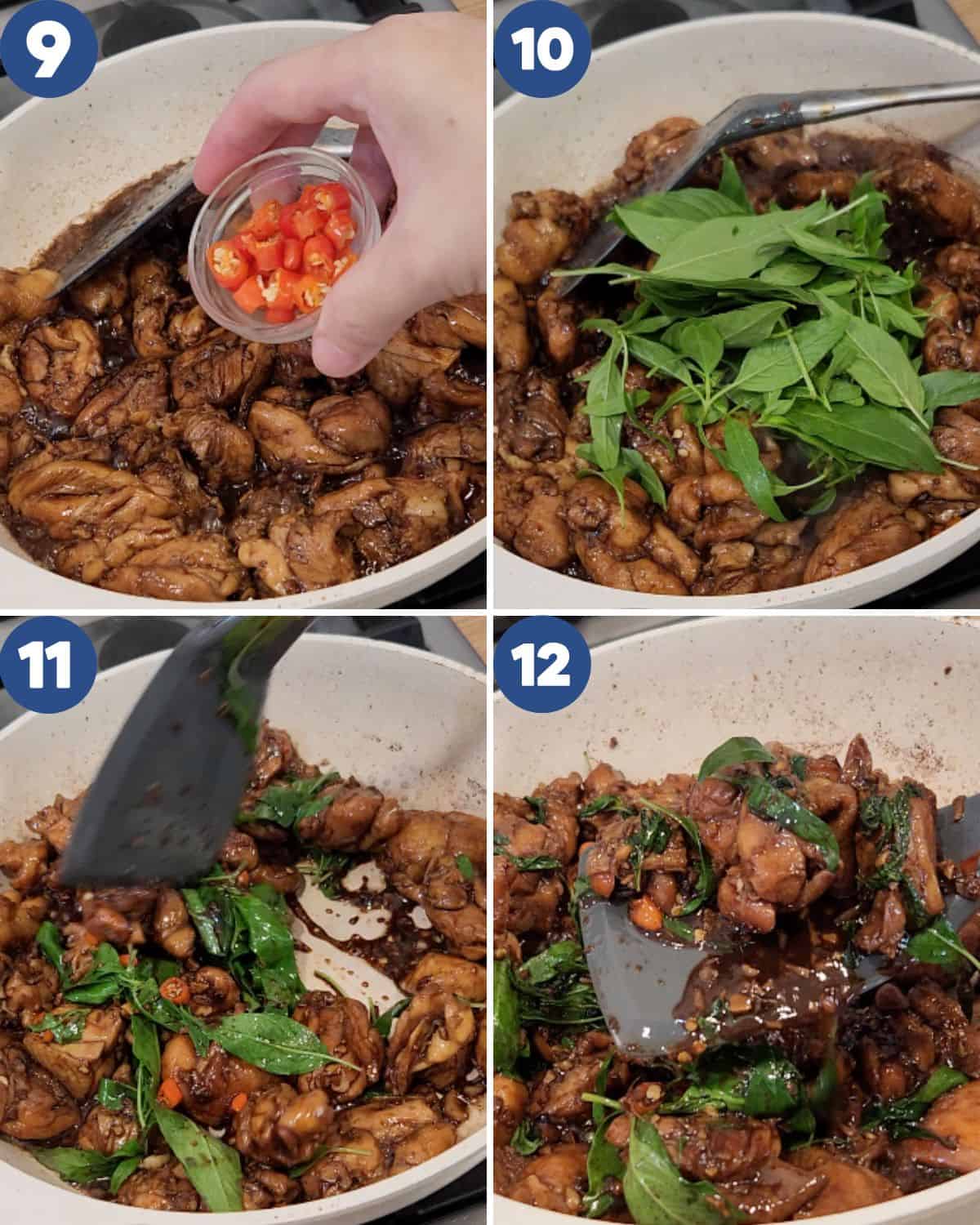 Step by step process photos of adding the aromatic into the wok.