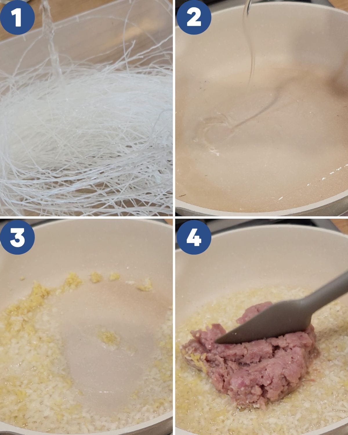 Step by step process photos of preparing the glass noodles and cooking the dish.